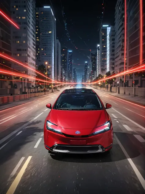 a red toyota mira driving down a city street at night