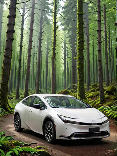 a close up of a white car driving through a forest