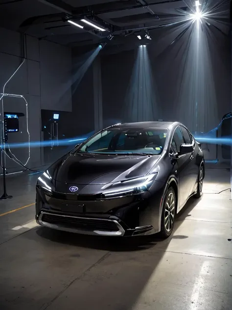 a close up of a car in a garage with lights on