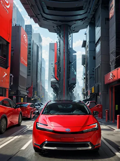 a close up of a red car driving down a city street