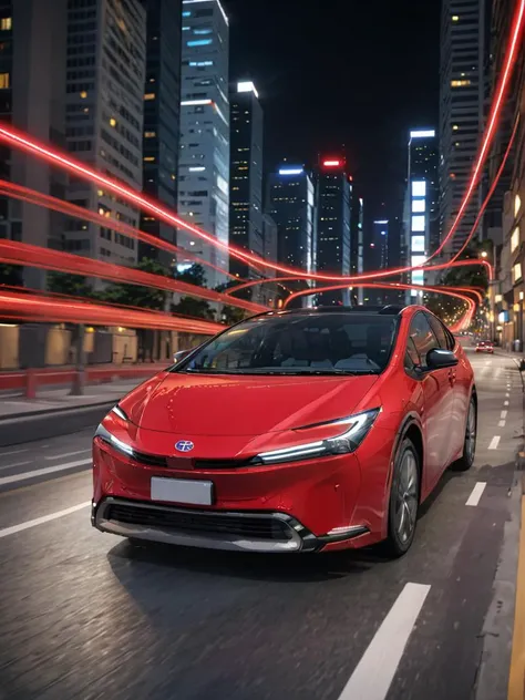 a red toyota prius driving down a city street at night