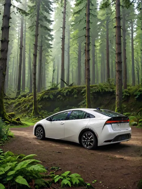 a close up of a white car parked in a forest