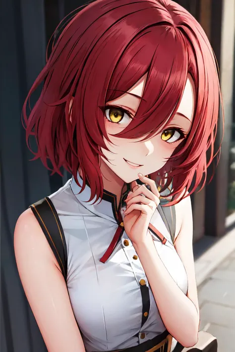 1girl,solo,upper body,smile, short hair, red hair, shiny hair, hair over one eyes, undercut, yellow eyes <lora:ginhaha_style:1>