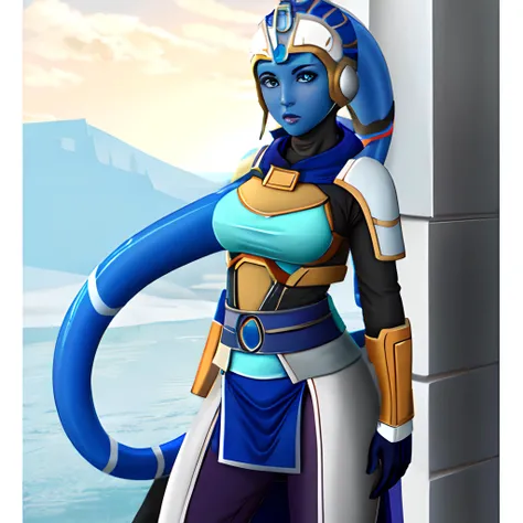 (Blue skinned) jedi girl, [blushing], wearing blue and white robes, twilek, medium breasts, pelvic curtain