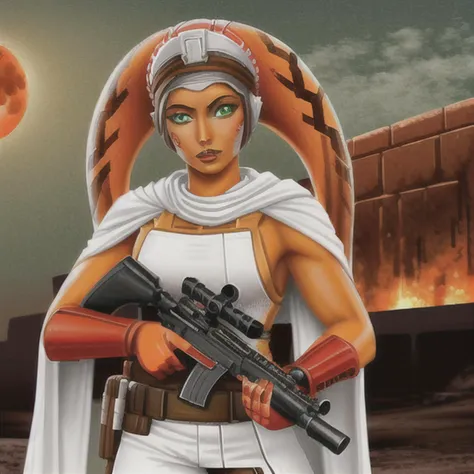 blood soaked, ((((twilek)))), ((orange skinned)) woman with (((green eyes))) holding a rifle, white robes, blood moon, outdoors, abs, full body, blood on hands, 1girl,  blood on face, blood on clothes, blood on body,  gorgeous, alluring, blood on face, rin...