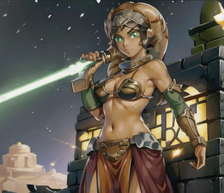 1girl, twilek, green eyes, (orange skinned),  medium breasts, slavekini, pelvic curtain,  looking at viewer, standing, auction block, defiant, lightsaber