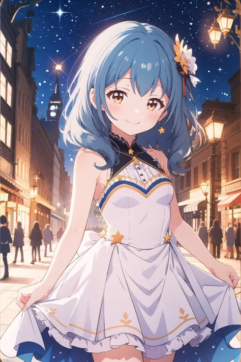 masterpiece, best quality, 1girl, solo, bangs, simple background, blush, smile, sparkle, dynamic pose, bare arms, bare shoulders, frills, <lora:kunieda_shiho-v20231029:1.1>,hair ornament, starry sky, night, female child, little girl, Meteors