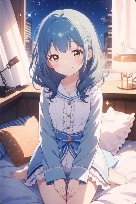 masterpiece, best quality,  <lora:kunieda_shiho-v20231029:1>, little girl, frills, bangs, blush, smile, sparkle, brown eyes, blue hair, pillow, white pajamas, meteors, starry sky, night