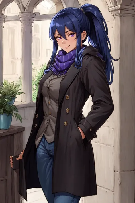 masterpiece, best quality, (masterpiece, best quality), intricate details 1girl, <lora:sigma:0.8> sigma face, facial expression, rinko, rinkooutfit, very long hair, blue hair, hair between eyes, high ponytail, sidelocks, purple eyes, coat, black coat, jean...