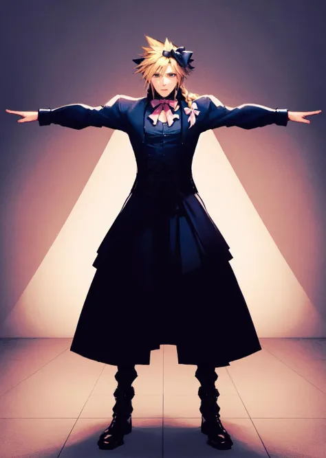 masterpiece:1.2, best quality,   Cloud Strife, crossdressing, twin braids, male focus, frilled dress, hair bow, standing, fully body, front view, front view, POV,  TPose, outstretched arms,  <lora:TPose:0.8>,     <lora:cloudstrife-nvwls-v1:0.8>