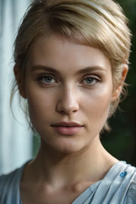 photoshoot of gan, (blonde hair), (pixie cut), , detailed skin texture, (blush:0.2), (goosebumps:0.3), (light blue dress), subsurface scattering, Photorealistic, Hyperrealistic, Hyperdetailed, analog style, hip cocked, demure, detailed skin, matte skin, so...