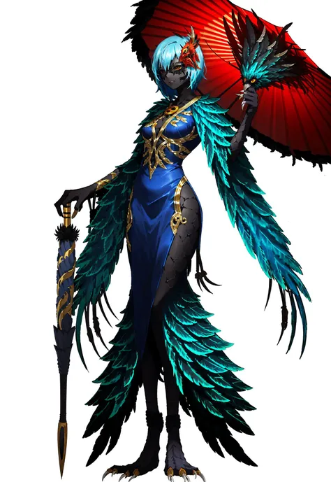 <lora:LOR:0.8:0.8:lbw=OUTALL>,LOR Artstyle,simple background,white background,1girl,full body,solo,long dress,monster,weapon,white hair,talons,umbrella,feathers,mask,standing,closed umbrella,full body,holding,claws,blue hair,