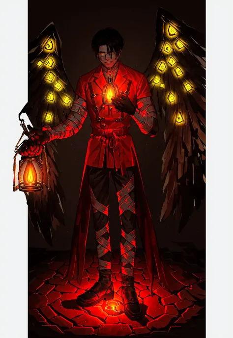 <lora:LOR2nd:0.8:0.8:lbw=OUTALL>,flat color,LOR Artstyle,wings,white background,solo,bandages,simple background,lantern,blood,black hair,full body,holding,1boy,male focus,standing,glowing,extra eyes,yellow eyes,teeth,flesh,veins,