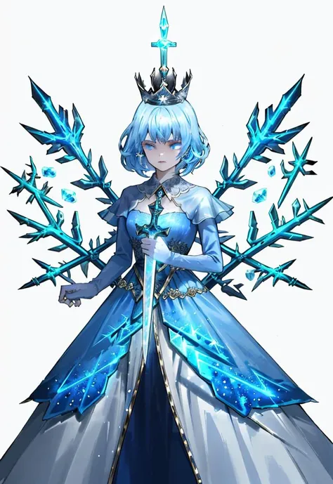 <lora:LOR2nd:0.8:0.8:lbw=OUTALL>flat color,LOR Artstyle, 1girl, sword, weapon, solo, ice, wings, blue hair, short hair, dress, blue eyes,blue crown, white background, simple background, transparent background, multiple wings, holding sword,