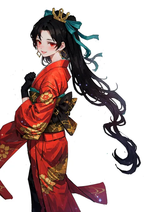 <lora:LOR2nd:0.8:0.8:lbw=OUTALL>,flat color,LOR Artstyle,1girl,ishtar (fate),solo,long hair,japanese clothes,gloves,kimono,jewelry,umbrella,red eyes,smile,black hair,earrings,two side up,looking at viewer,floral print,hoop earrings,black gloves,obi,ribbon,...