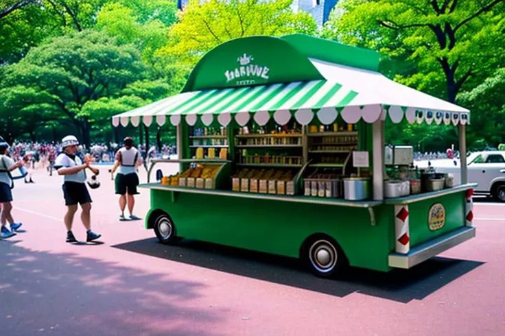 photo of hulk working at an ice cream stand in central-park nyc, wearing a paper hat and wearing a white apron, serving ice crea...