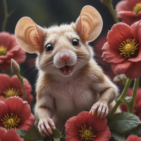 ais-flowery, a small rodent peeking out of a red flower, a microscopic photo by Wendy Froud, shutterstock contest winner, ecological art, national geographic photo, made of flowers, macro photography
