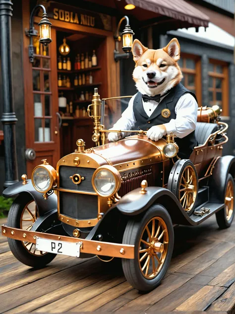 an shiba inu mechanic is repairing his steampunk car, detailed, realistic, 8k uhd, high quality