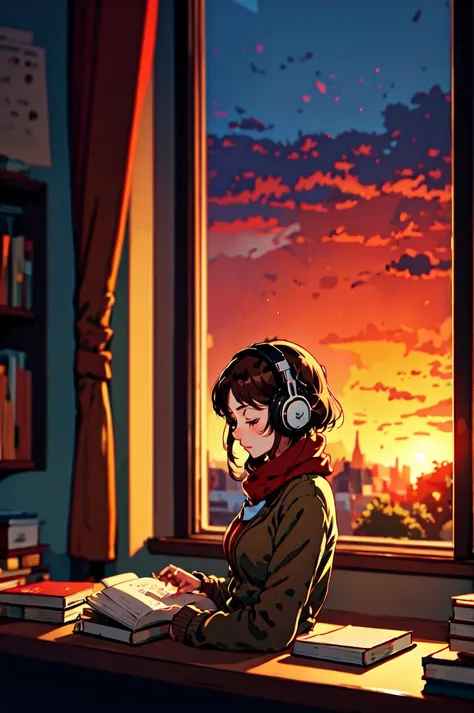 <lora:Homework_Desk:0.6> masterpiece, best illustration, ((anime)), 1girl, solo, headphones, brown hair, closed eyes, window, indoors, red scarf, sitting, tree, scarf, sweater, short hair, desk, sunset, book, from side, blurry