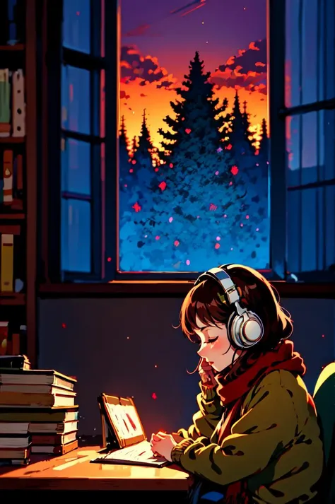 <lora:Homework_Desk:0.6> masterpiece, best illustration, ((anime)), 1girl, solo, headphones, brown hair, closed eyes, window, indoors, red scarf, sitting, tree, scarf, sweater, short hair, desk, sunset, book, from side, blurry