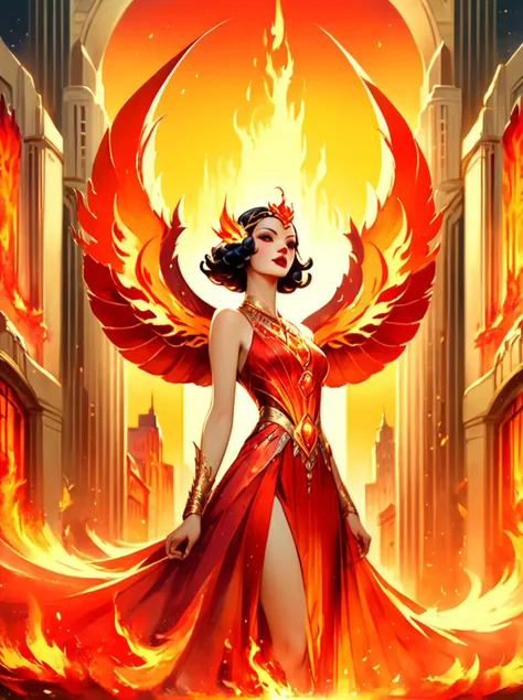 score_9,score_8_up,,score_7_up,,<lora:art_deco_pony:0.8>,
artdecostyle, 1girl, solo, fire, dress, jewelry, wings, red lips, bare...