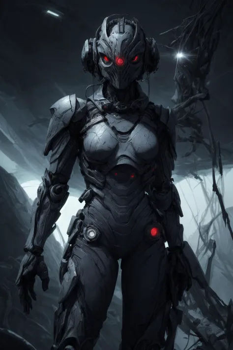 a close up of a robot with red eyes standing in a dark cave