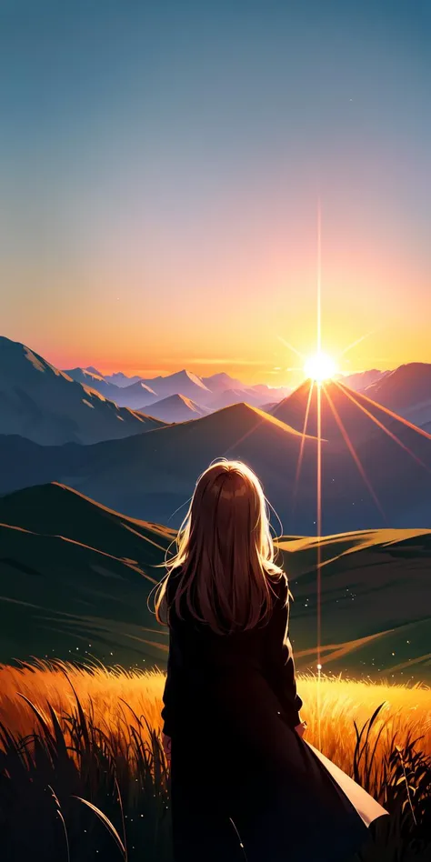 a woman sitting on a hill watching the sun set