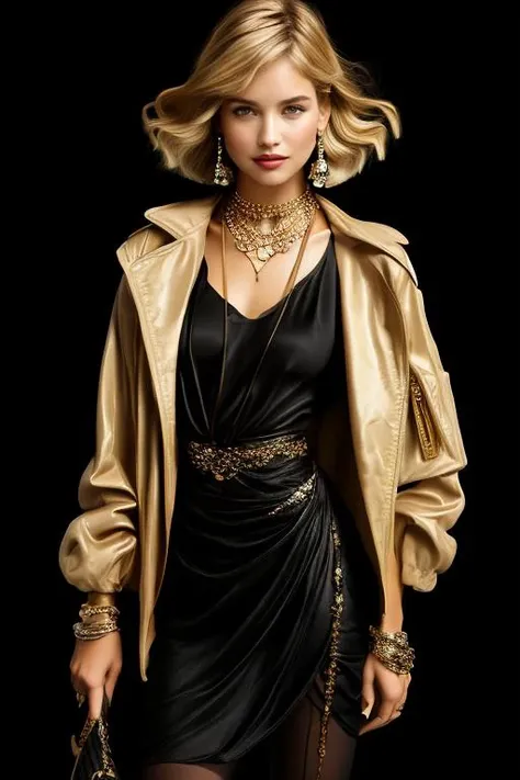 a woman in a black dress and gold jacket posing for a picture