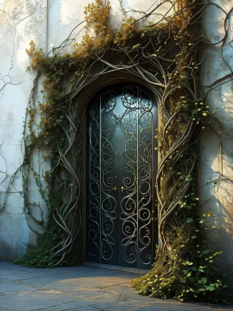 there is a large metal door with vines growing on it