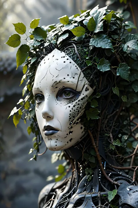 a close up of a woman with a face covered in vines