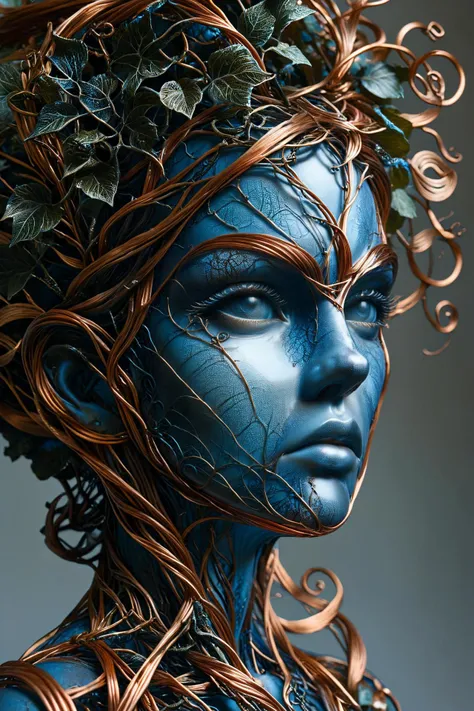 a close up of a woman with blue paint and a wreath of leaves