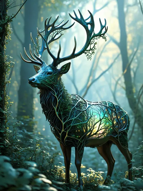 a close up of a deer with a lot of branches on it's back