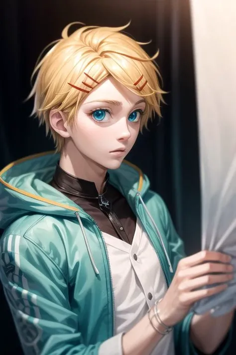 masterpiece, best quality, photorealistic, 1boy, solo, male focus, looking at viewer, upper body, depth of field, , , <lora:finnian_kuroshitsuji:0.74>, finnian_kuroshitsuji, blonde hair, aqua eyes, jacket, , science fantasy, 8k resolution