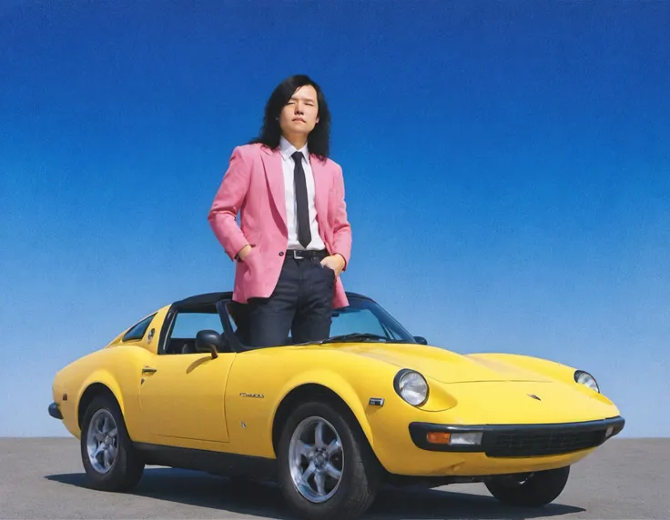 arafed image of a man standing on top of a yellow car