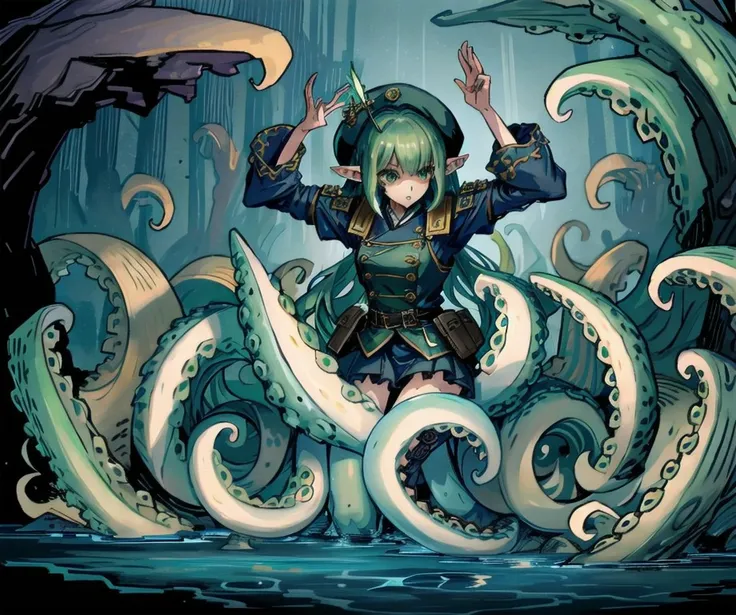 a close up of a person on a giant octopus with a sword