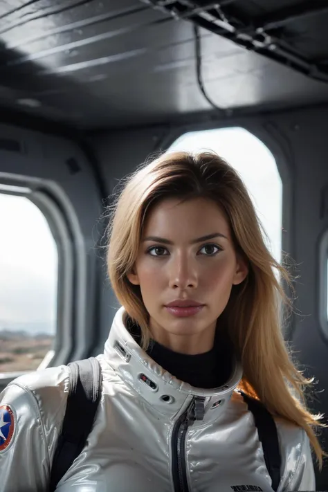 arafed woman in a space suit looking out of a window