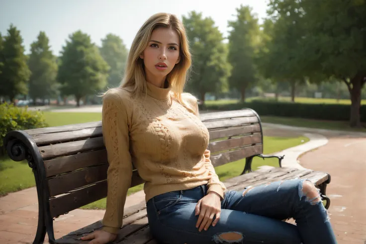 blonde woman sitting on a bench in a park with trees