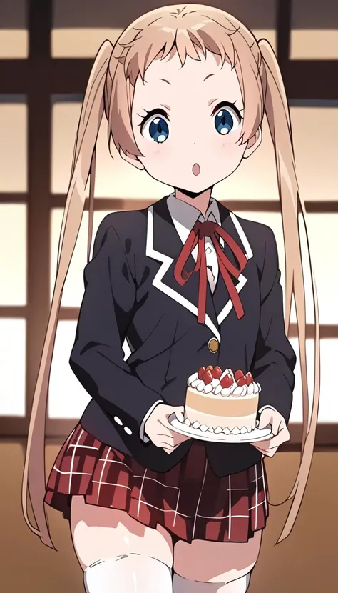 anime girl in school uniform holding a cake with a slice missing