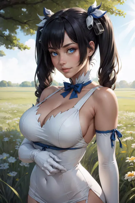 (masterpiece, best quality, 4k, detailed, intricate, realistic),outside,field,sunlight,sunbeam,1girl, defhestia, twintails,hair ornament, white dress, blue bowtie, cleavage cutout, blue ribbon, arm ribbon, short dress, white gloves,slight smile  <lora:hest...