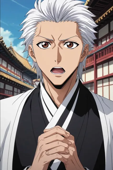 score_9, score_8_up, score_7_up, source_anime, rating_safe, intricate details, , , depth of field, 1boy, male focus, brown eyes, silver hair,, solo, rule of thirds, town, japanese architecture, dark, own hands together, open mouth, <lora:bleach_style_pony:...