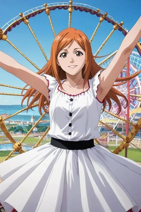 a woman in a white dress standing in front of a ferris wheel