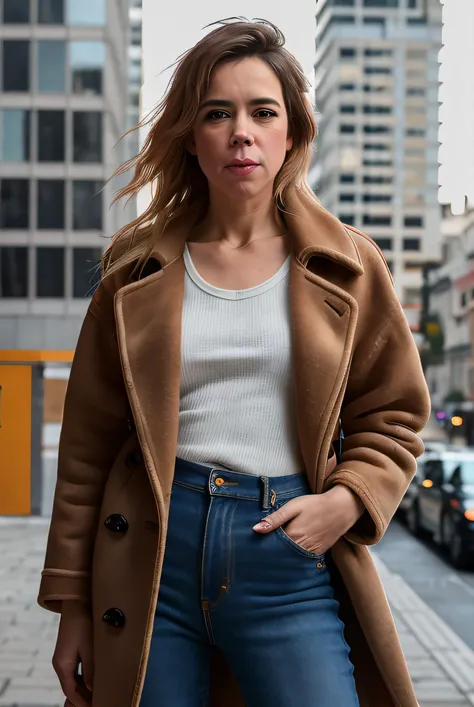 photo of (L0uS4nd01:0.99), a woman, RAW, close portrait photo, (long brown coat:1.2), (nice top,:1.2), (high rise jeans:1.2), (high detailed skin:1.2), 8k uhd, dslr, soft lighting, high quality, film grain, Fujifilm XT3 sharp focus, f 5.6