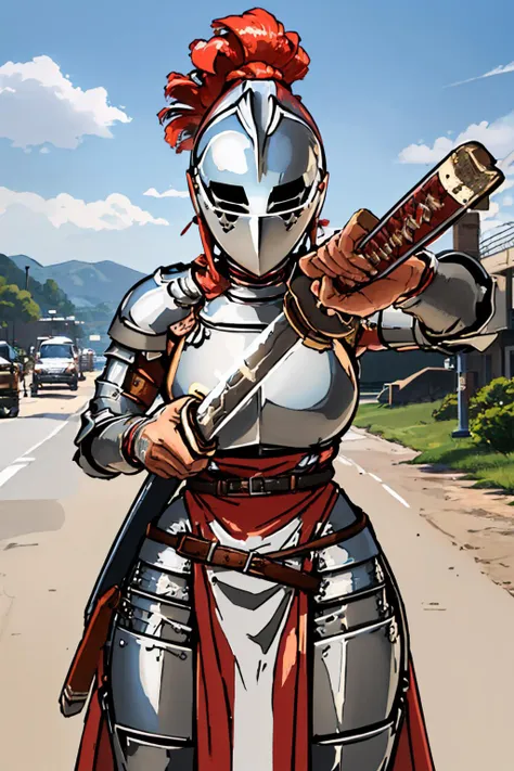 a close up of a woman in armor holding a sword