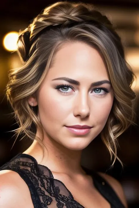 portrait photo of cartercruise beautiful woman hair updo upsweep nightclub sitting at bar (masterpiece) (best quality) (detailed) (8k) (HDR) (wallpaper) (cinematic lighting) (sharp focus) (intricate)