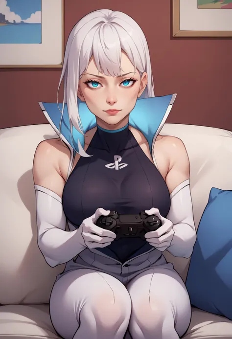 a woman sitting on a couch holding a game controller