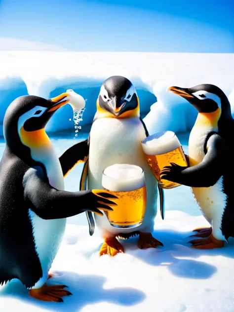 penguins are drinking beer and playing with each other in the snow