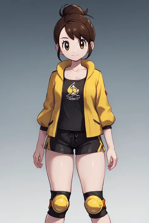 high resolution, highly detailed, perfect lighting, beautiful detailed eyes, ((masterpiece,best quality)), absurdres,      smile,  solo,  <lora:Gloria_Pokemon_P1:0.8>,        gloria (pokemon),  gloriaDojo, yellow jacket, black shirt, black shorts, knee pad...