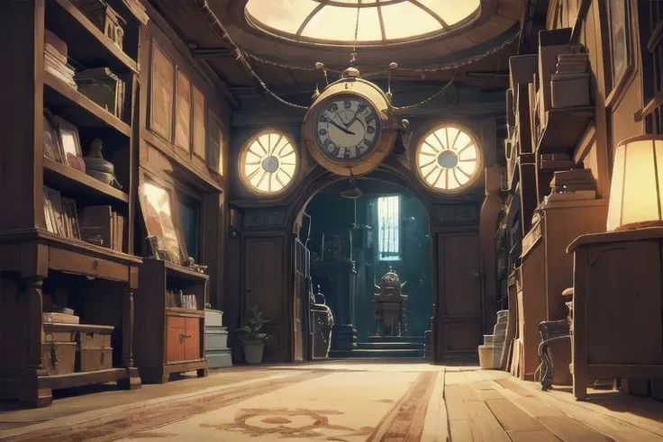 time travel machine, clocks, cinematic, composition, studio ghibli anime, (8K resolution:1.3), (best quality:1.3), (masterpiece:1.3)