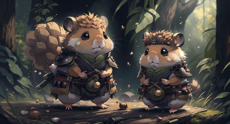 samurai battle hamster wearing samurai armor made from acorns, (Masterpiece:1.3) (best quality:1.2) (high quality:1.1) <lora:BugattiAI:1>, battle stance, 1hamster