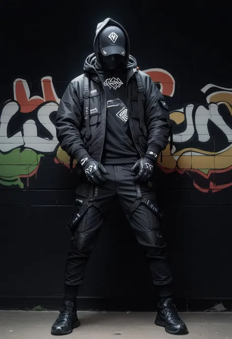 arafed man in a black jacket and black pants standing in front of a graffiti wall